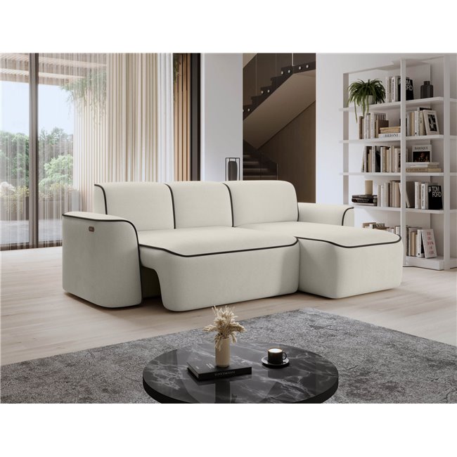 Corner sofa Elume R, sleeping function, Amore 01, Velvetmat 22, bouclé, beige, H88x190x287cm