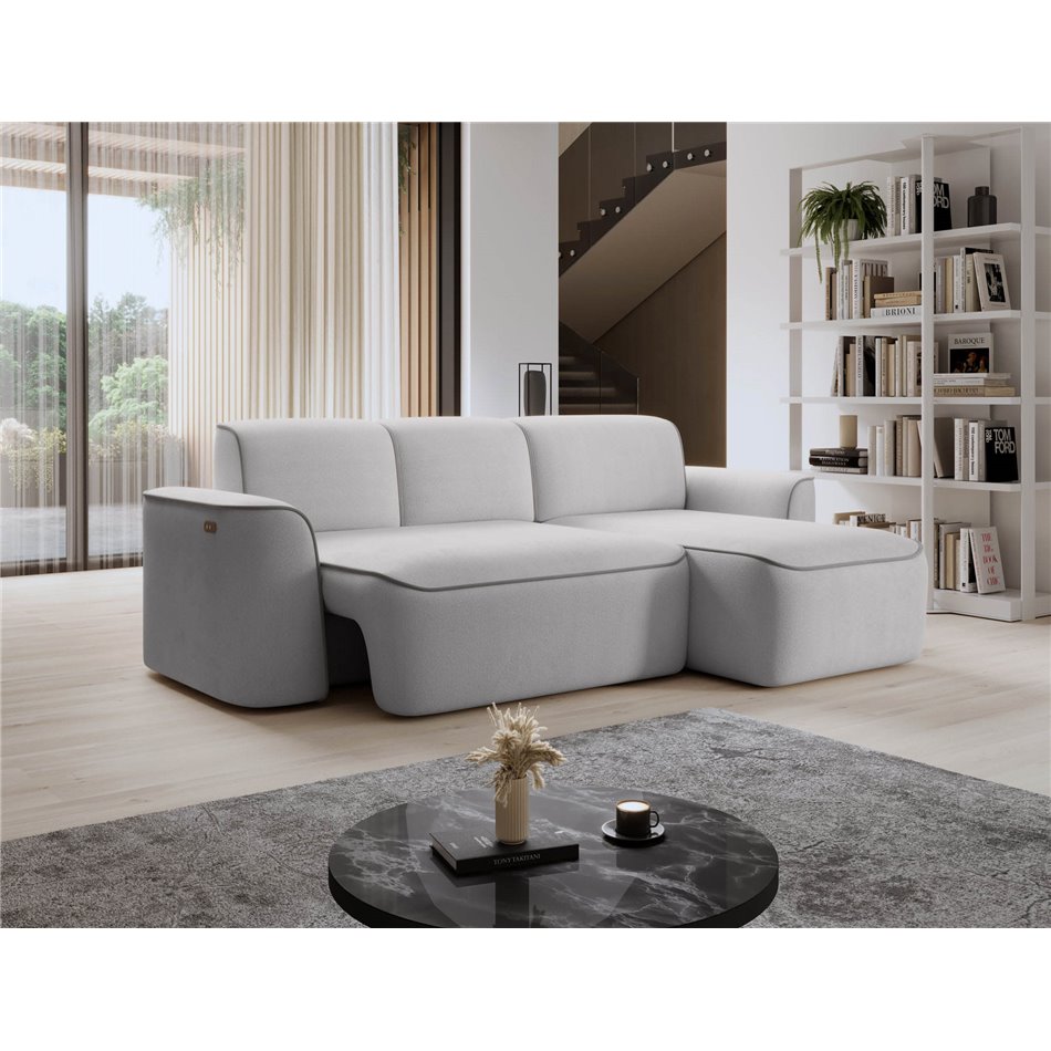Corner sofa Elume R, sleeping function, Amore 03, Paros 05, bouclé, grey, H88x190x287cm