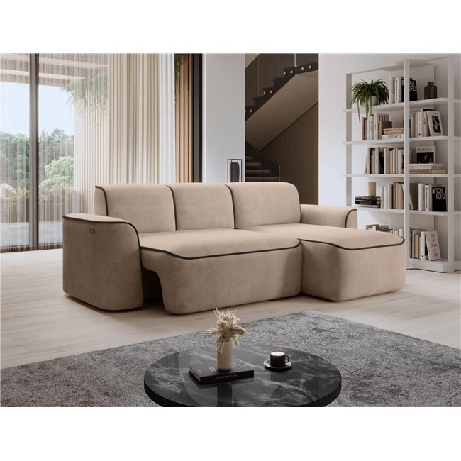 Corner sofa Elume R, sleeping function, Amore 18, Velvetmat 22, bouclé, cream, H88x190x287cm