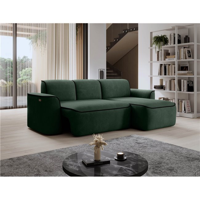 Corner sofa Elume R, sleeping function, Amore 35, Velvetmat 10, bouclé, green, H88x190x287cm