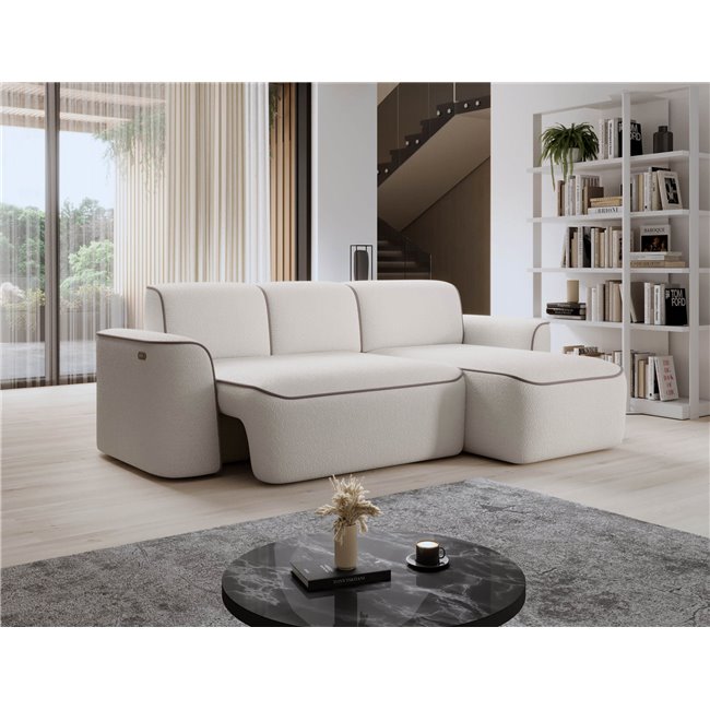 Corner sofa Elume R, sleeping function, Royal 01, Paros 02, bouclé, white, H88x190x287cm