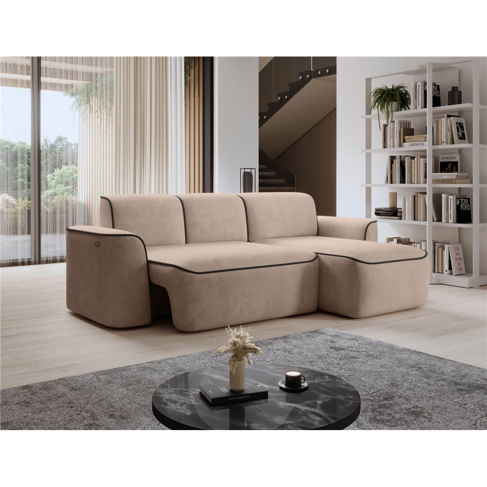 Corner sofa Elume R, sleeping function, Royal 18, Velvetmat 22, bouclé, beige, H88x190x287cm