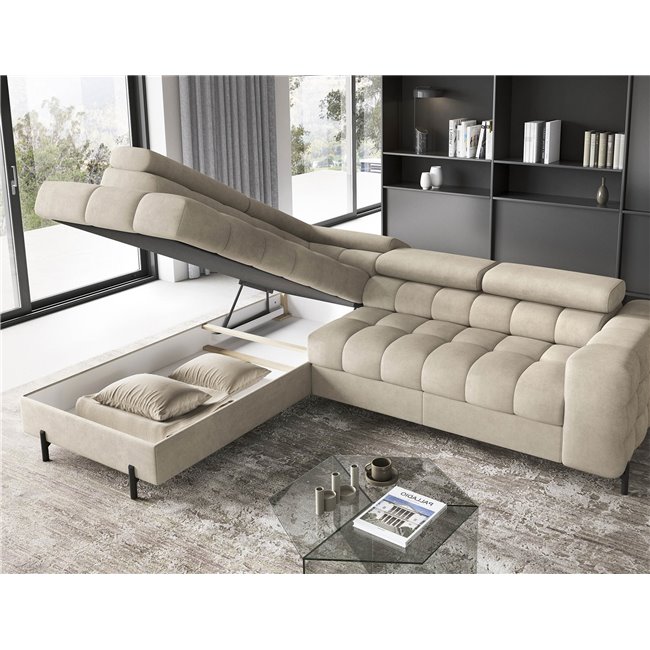 Corner sofa Elferucce L, sleeping function, Aura 18, velvet, beige, H93x200x276cm