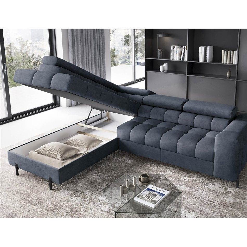Corner sofa Elferucce L, sleeping function, Aura 40, velvet, dark blue, H93x200x276cm