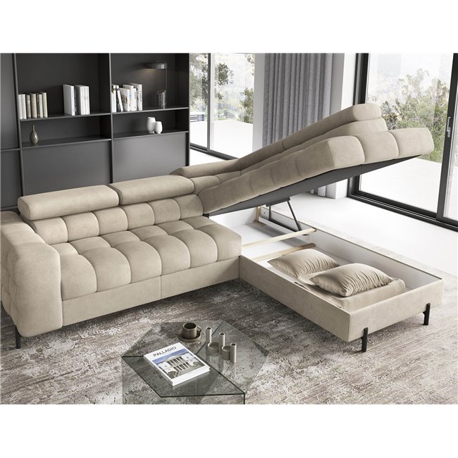 Corner sofa Elferucce R, sleeping function, Aura 18, velvet, beige, H93x200x276cm