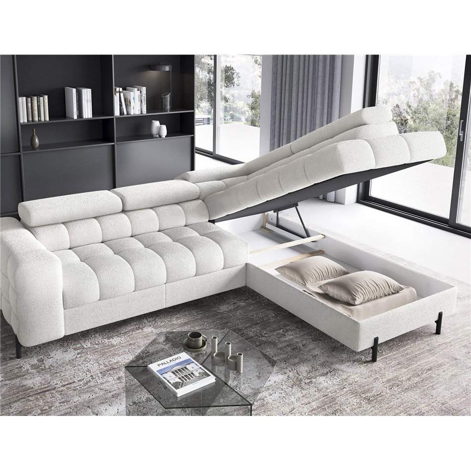 Corner sofa Elferucce R, sleeping function, Royal 01, bouclé, white, H93x200x276cm