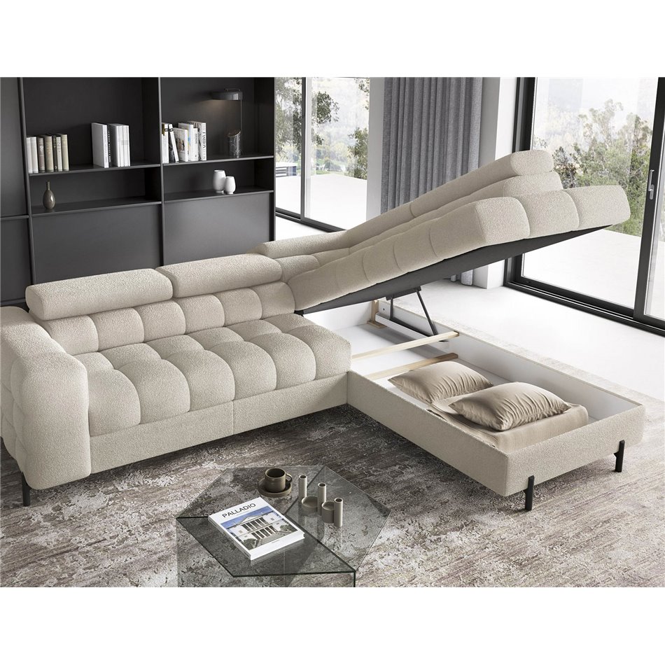 Corner sofa Elferucce R, sleeping function, Royal 18, bouclé, beige, H93x200x276cm