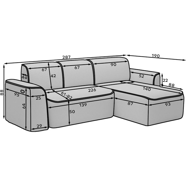 Corner sofa Elume L, sleeping function, Royal 05, Velvetmat 6, bouclé, dark grey, H88x190x287cm