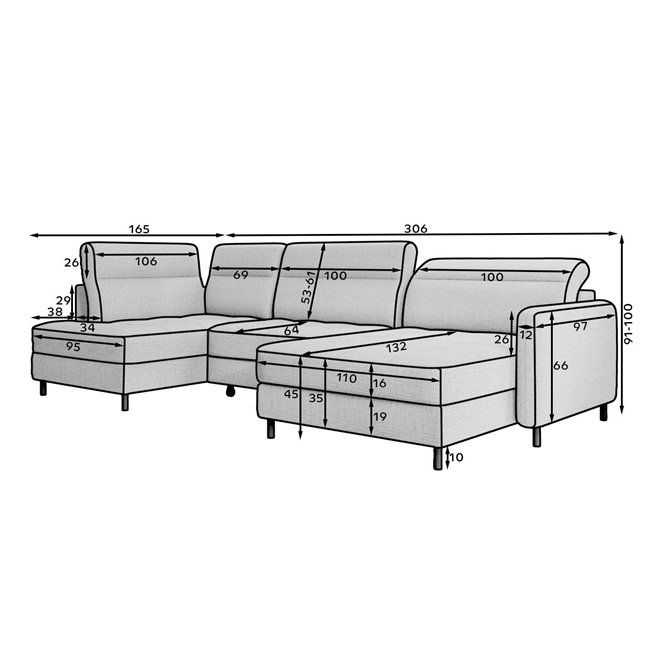 U shape sofa Elberto L, sleeping function, Aubron 04, wavy velvet, grey, H100x165x306cm