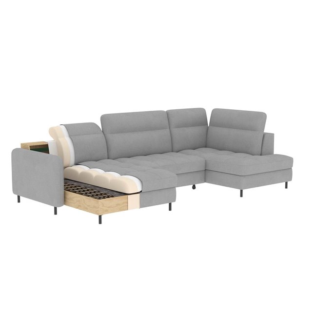 U shape sofa Elberto L, sleeping function, Aubron 04, wavy velvet, grey, H100x165x306cm
