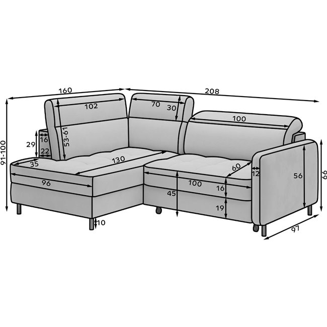 Corner sofa Elbare R, sleeping function, Manhattan 45, velvet, yellow, H100x160x208cm