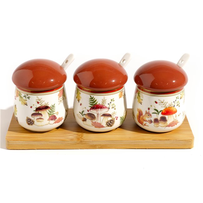 Dipping set Autumn Breeze with spoon and wooden tray, H9x22x8cm