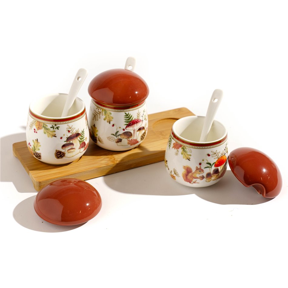 Dipping set Autumn Breeze with spoon and wooden tray, H9x22x8cm