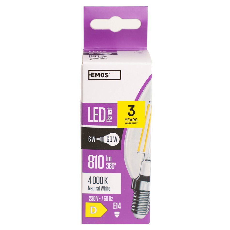 LED bulb neutral white, E14 6W, 810lm, 4000K, H10cm D3.5cm