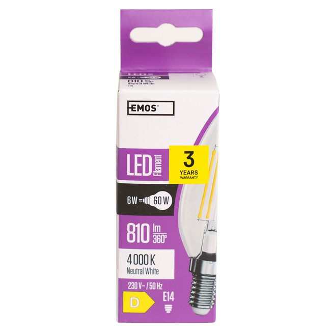 LED bulb neutral white, E14 6W, 810lm, 4000K, H10cm D3.5cm