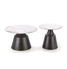 Coffee table set Hagneta, white marble/black color,, H48xD50cm, H43xD70cm 