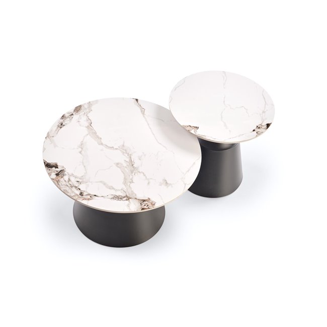 Coffee table set Hagneta, white marble/black color,, H48xD50cm, H43xD70cm 