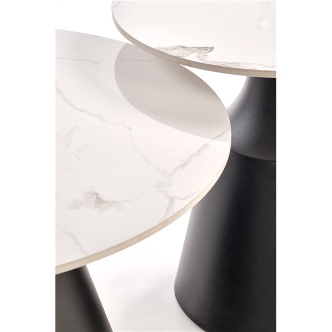 Coffee table set Hagneta, white marble/black color,, H48xD50cm, H43xD70cm 