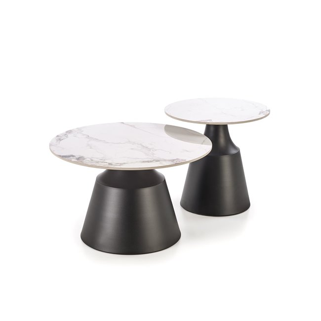 Coffee table set Hagneta, white marble/black color,, H48xD50cm, H43xD70cm 