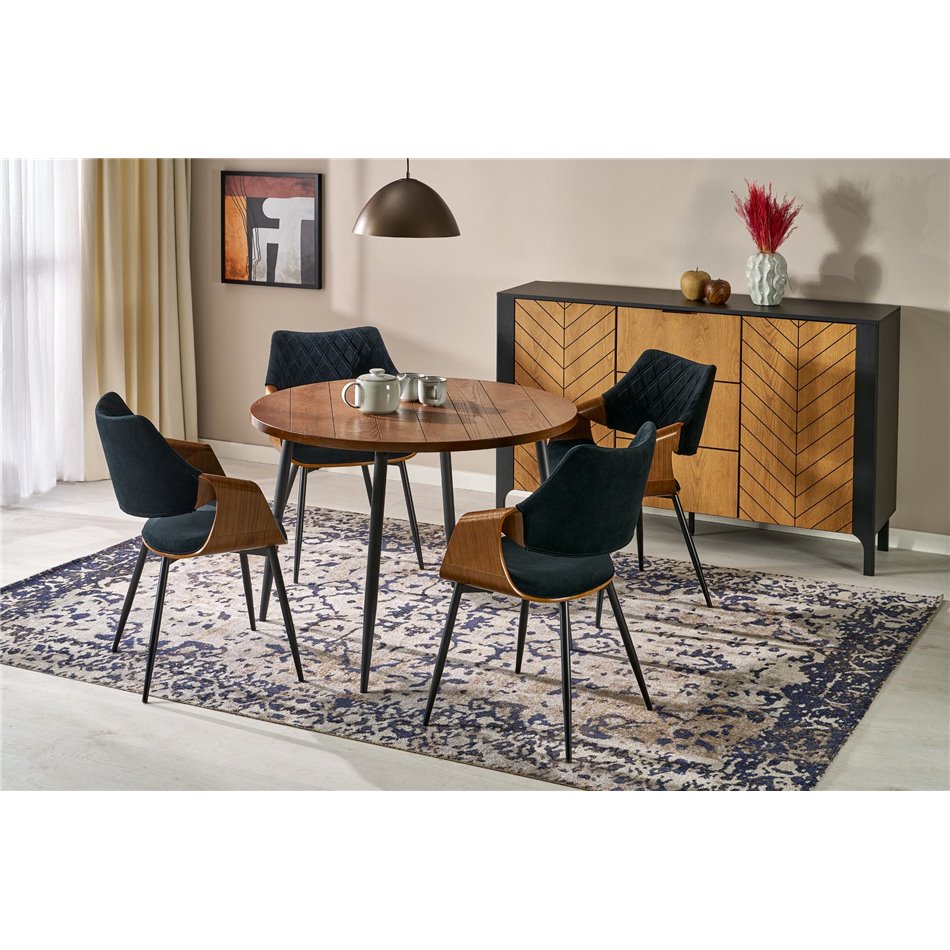 Dining table Harry, walnut/black color, steel/melamine/MDF, D105cm, H75cm 