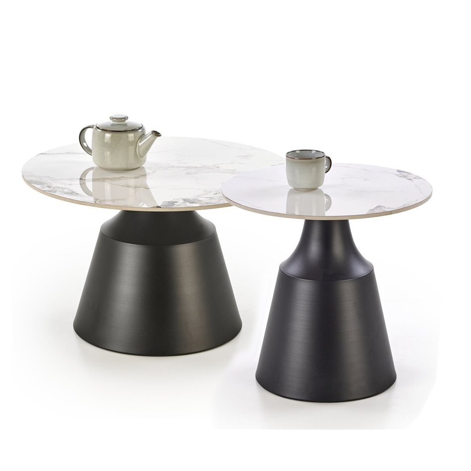 Coffee table set Hagneta, white marble/black color,, H48xD50cm, H43xD70cm 