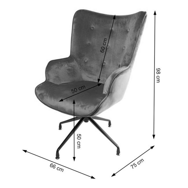 Armchair Dallas, black, velvet, H103x75.5x70cm, seat height 50cm