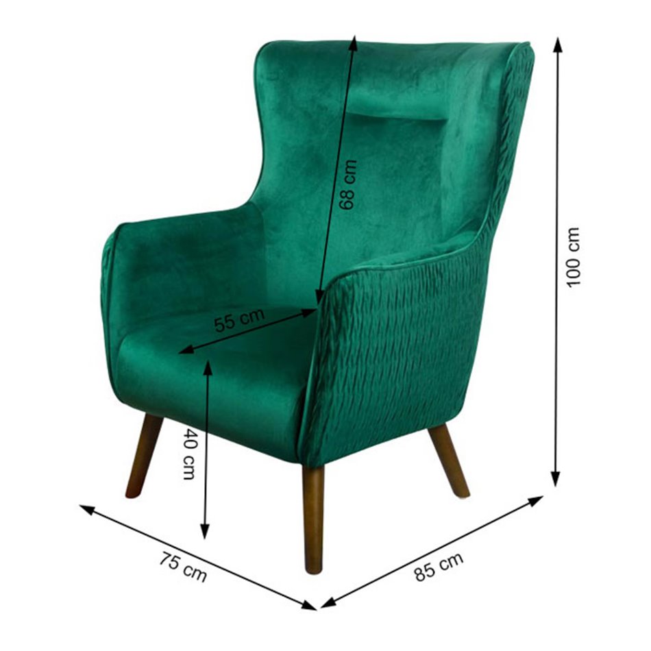 Armchair Dartford, velvet, green, 100x75x83cm, seat height 40cm