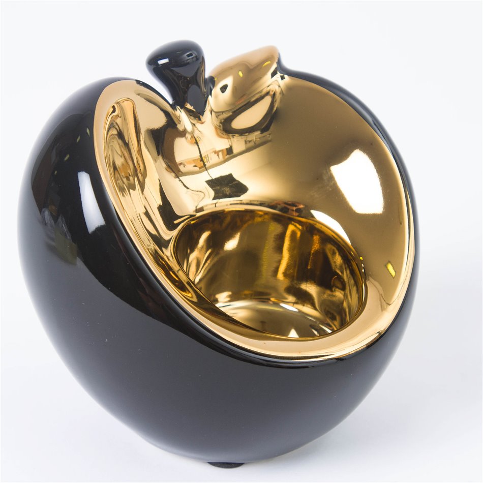 Candlestick Apple, ceramic, black/gold color, H8.5cm, 9.5x8cm