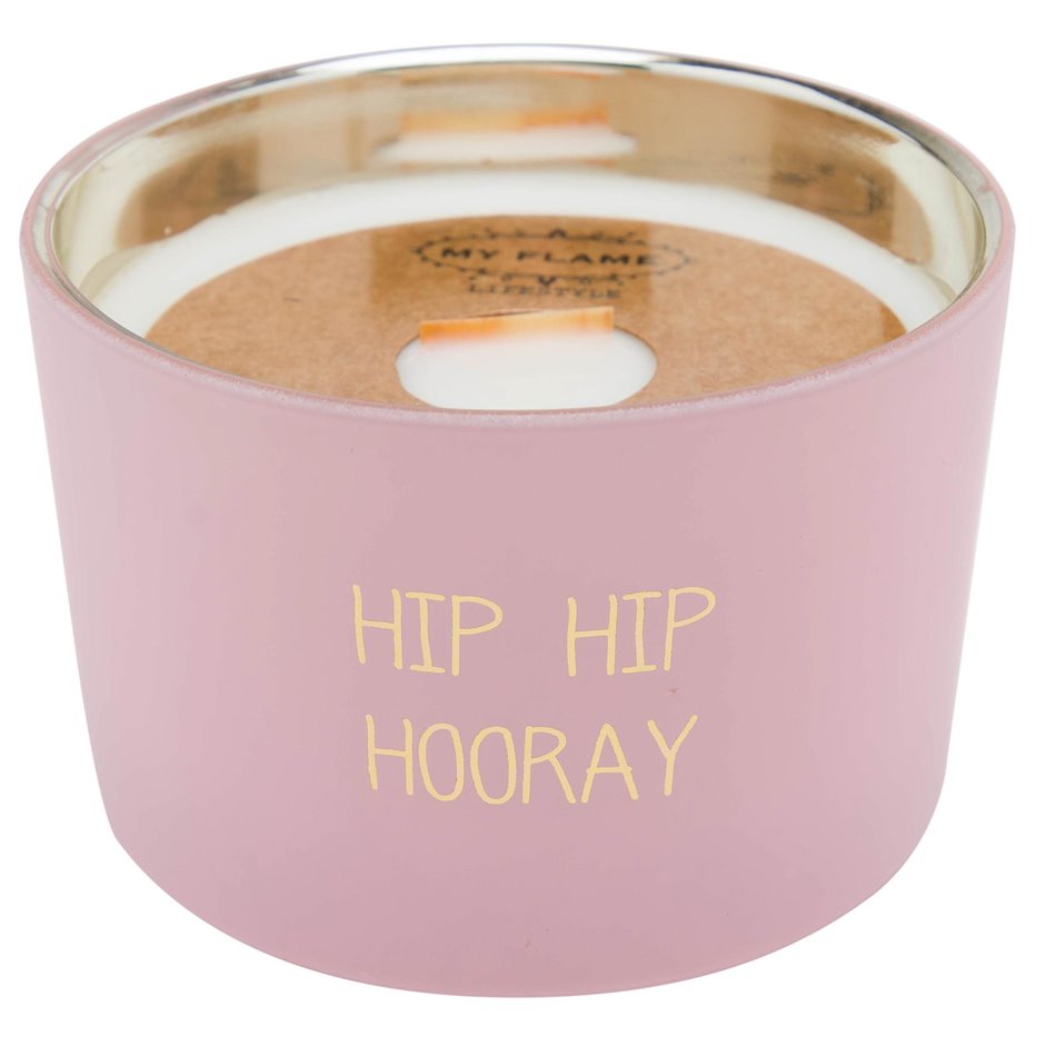 Scented soy candle in glass jar Hip hip hooray, pink, 25 h, H5cm, D7.5cm