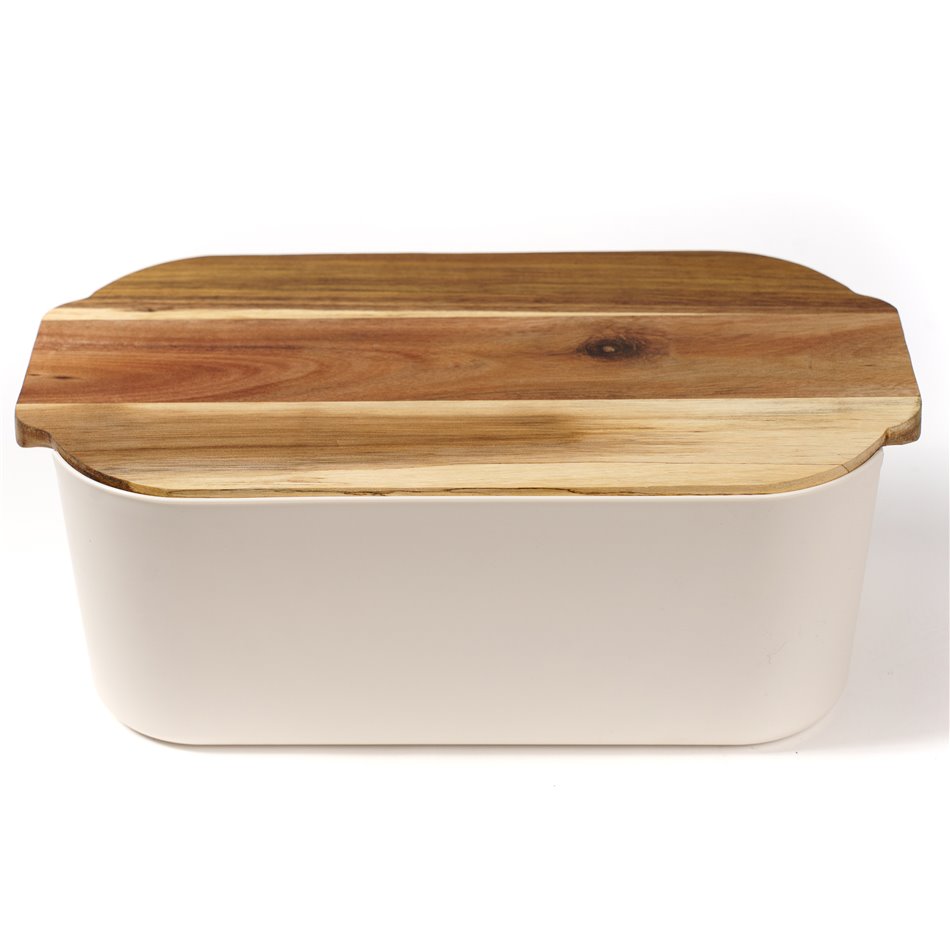 Bread box with acacia wood lid, white/natural, H19x33x12cm