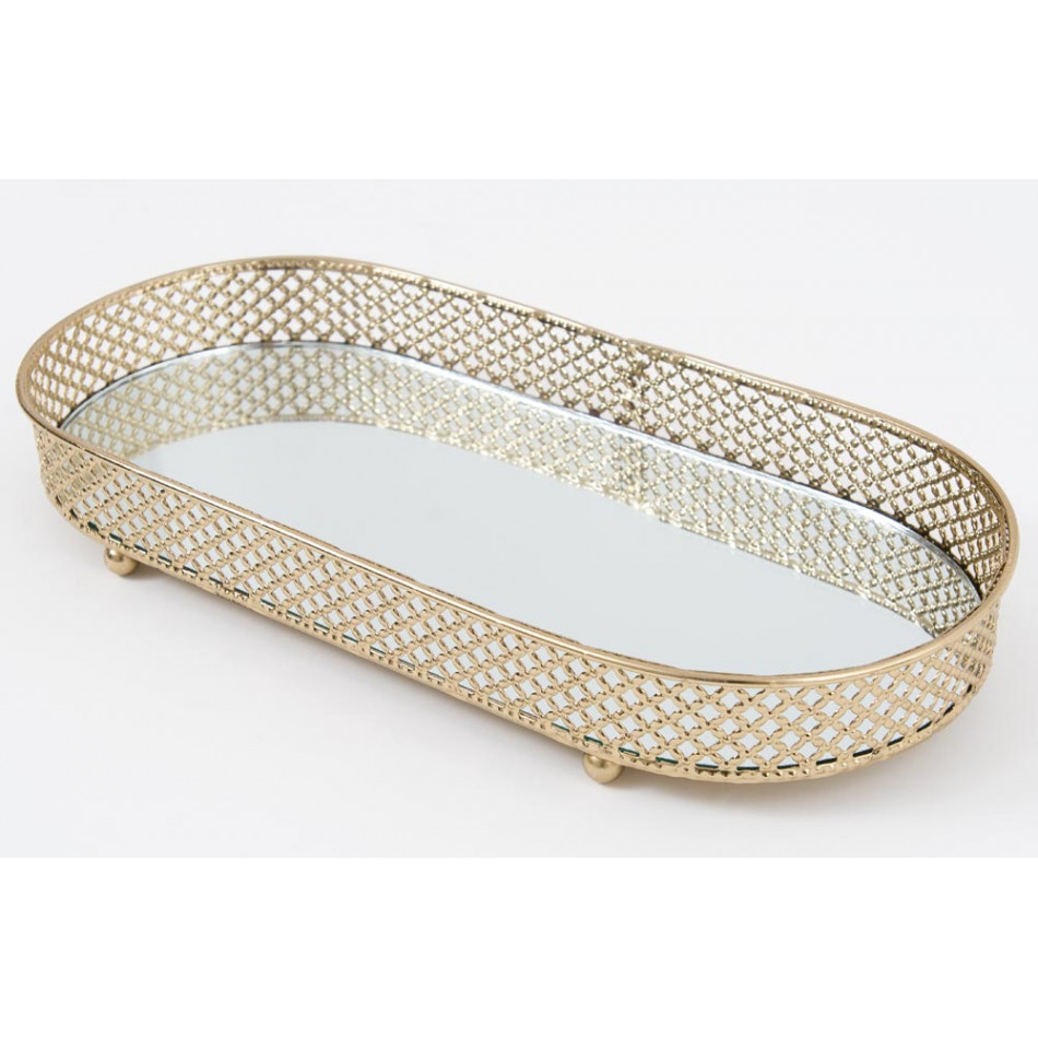 Tray with mirror S, metal, gold colour, 28x13.5x4cm