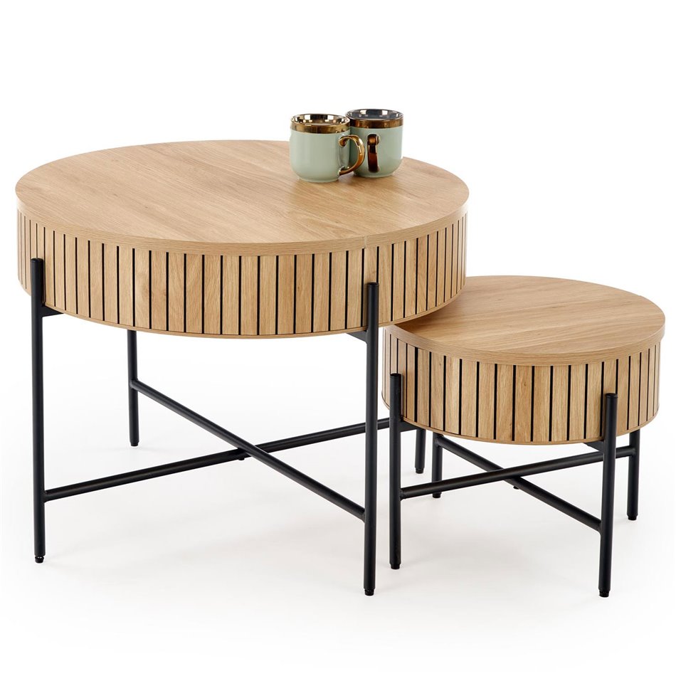 Coffee table set with storage space Hante, natural/black, H50x D67cm, H40x D36cm 