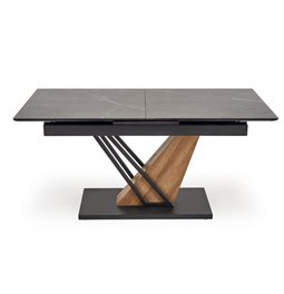 Extendable dining table Holant, black/oak pattern/gold colors,, 140-180x90cm H76cm 