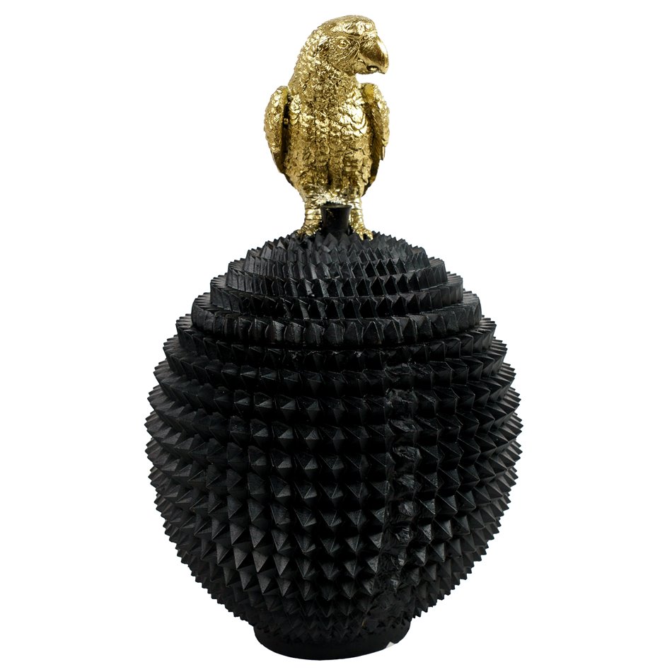 Deco figurine box with lid Bird, black/gold color, H28.2cm, D17cm