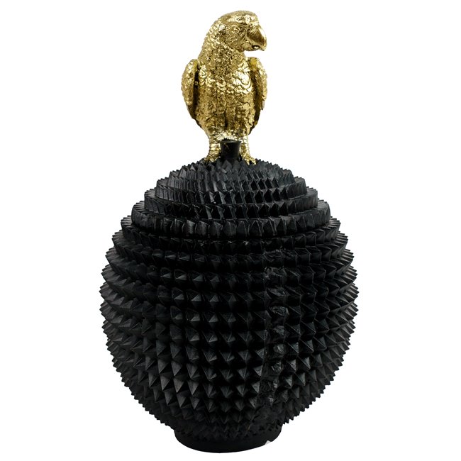 Deco figurine box with lid Bird, black/gold color, H28.2cm, D17cm