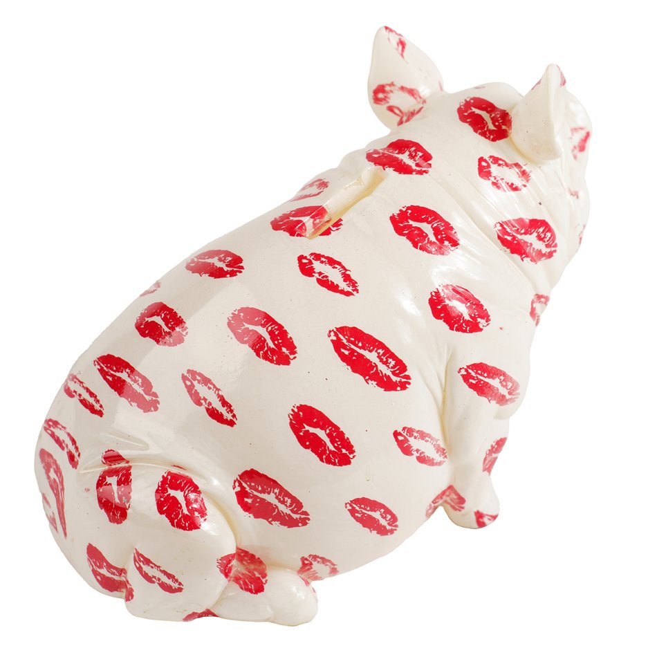 Money bank Squating pig, white/red, H12.5x17x11cm