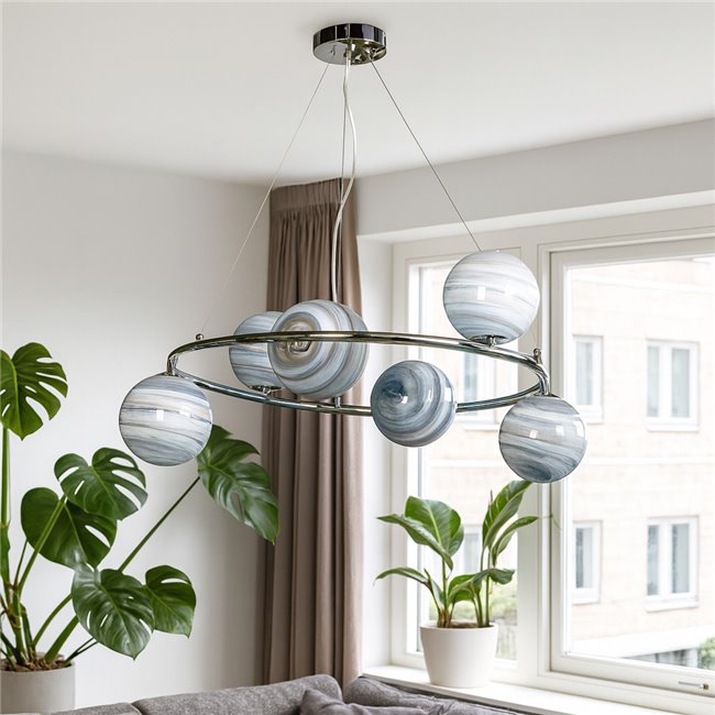 Pendant lamp Rokko 6, blue/chrome color, H45-135cm, D75 cm, E14, 6x40W(MAX)