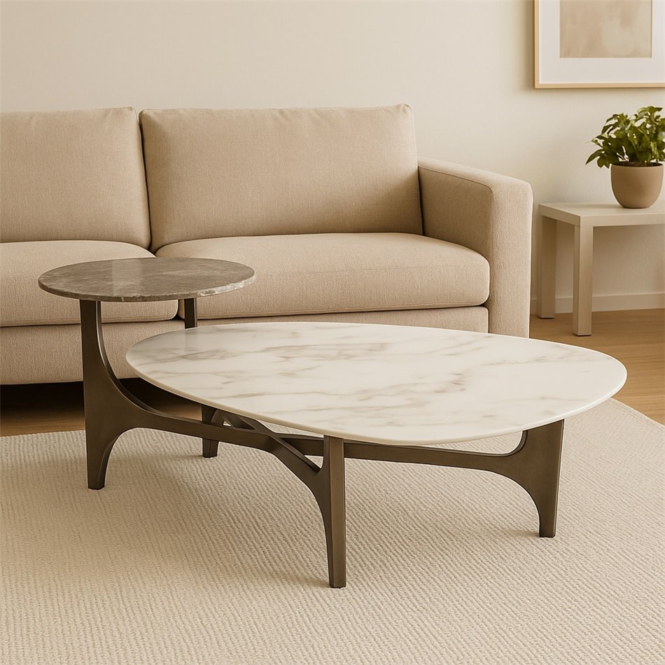 Coffee table Walle artificial marble/metal, H37x144x67cm
