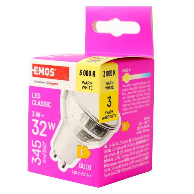 LED Bulb warm white, GU10 3W, 345lm, 3000K, H5.5x5x5cm