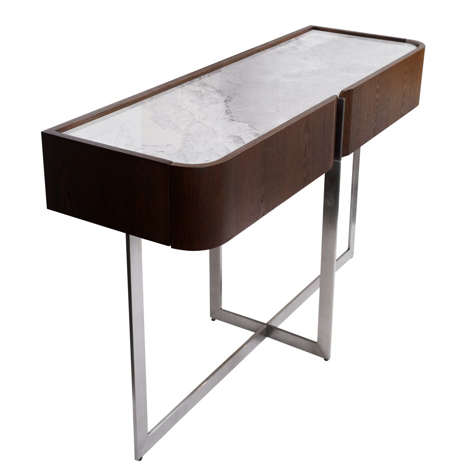 Console table Rondola CT, sintered stone/MDF/ash veneer/metal, H75x120x40cm