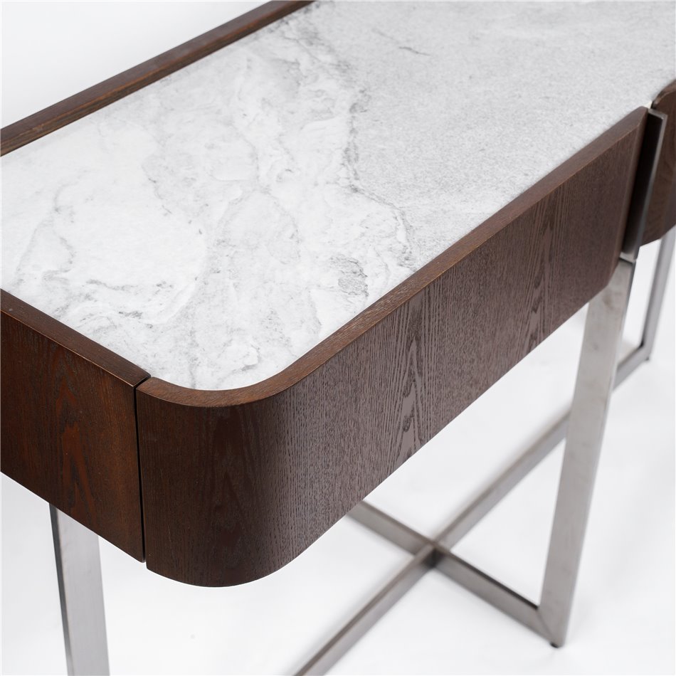 Console table Rondola CT, sintered stone/MDF/ash veneer/metal, H75x120x40cm