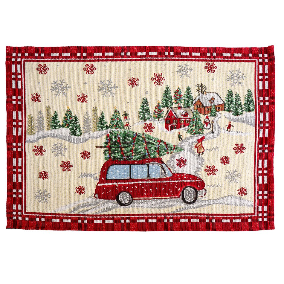 Placemat Christmas car deco, beige/red, 48x33cm