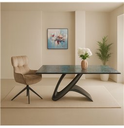Ištraukiamas valgomojo stalas Faberg, metalas/stiklas, juoda sp., 180-260x95cm H76cm
