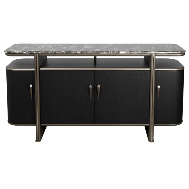 Sideboard Savelli black, metal/artificial marble/MDF/wood veneer, H77x150x40cm