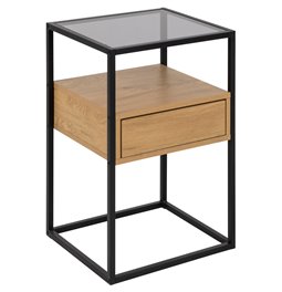 Bedside table Andolf, natural/black, tempered glass/steel, H60x35x40cm
