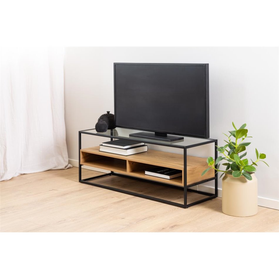 TV table Andolf, natural/black, tempered glass/steel, H45x40x120cm