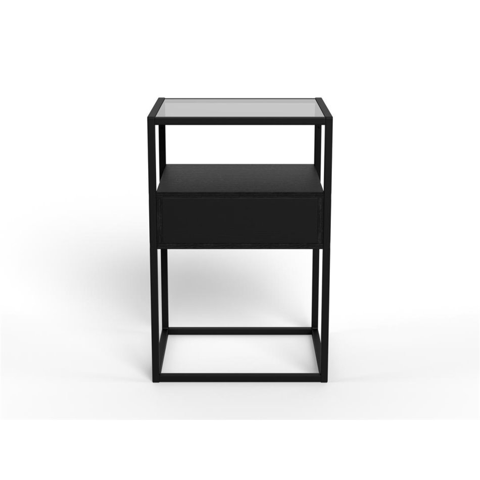 Bedside table Andolf, black, tempered glass/steel, H60x35x40cm