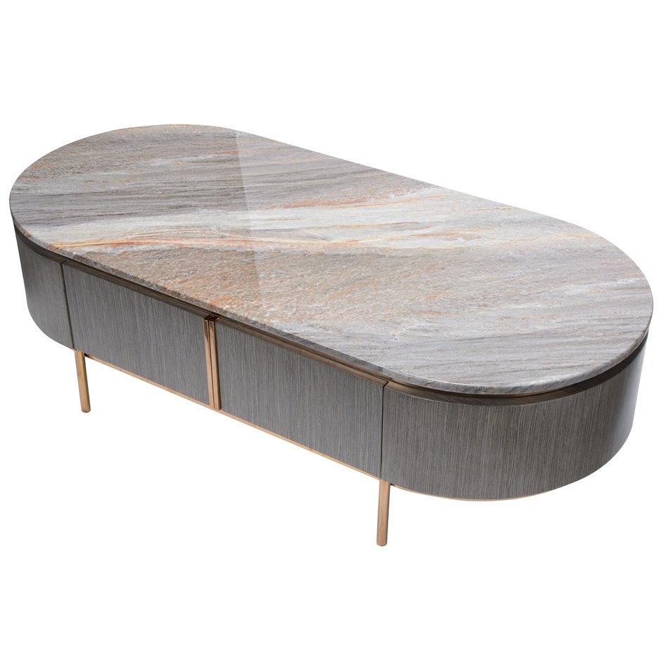 Coffee table Sanden, artificial marble/silver oak wood veneer/MDF/metal,130x60cm H38.3cm