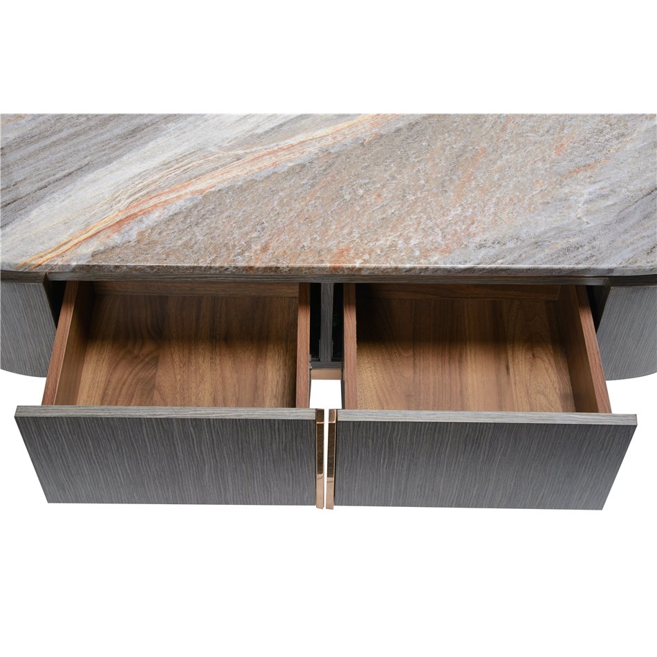Coffee table Sanden, artificial marble/silver oak wood veneer/MDF/metal,130x60cm H38.3cm