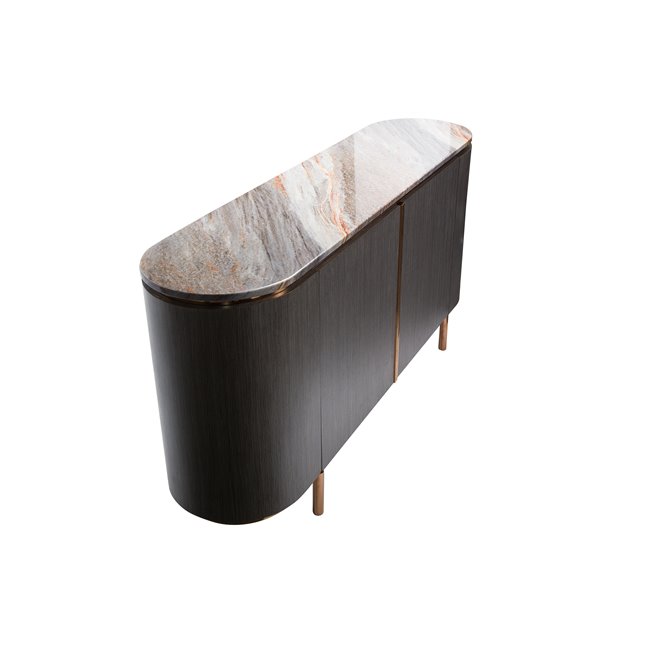 Side table Sanden, artificial marble/silver oak wood veneer/MDF/metal/glass, 160x40cm H75cm